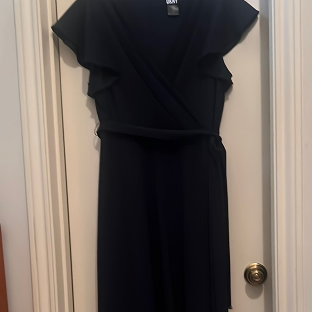 DKNY navy Sheath Midi Dress with Flutter Cap Sleeves